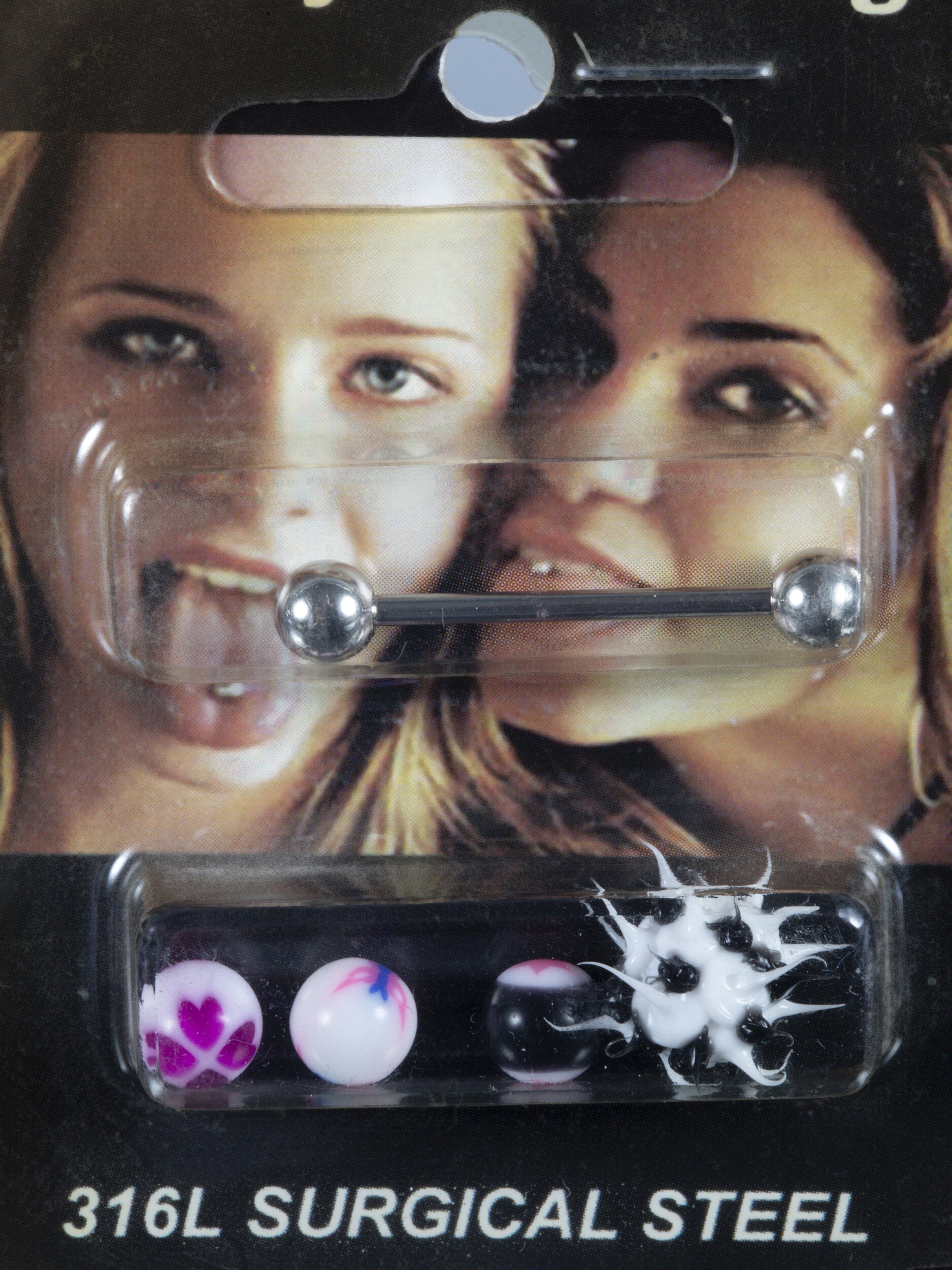 Piercing činka do jazyka z chirurgické oceli  s barevnými kuličkami VB0060-61